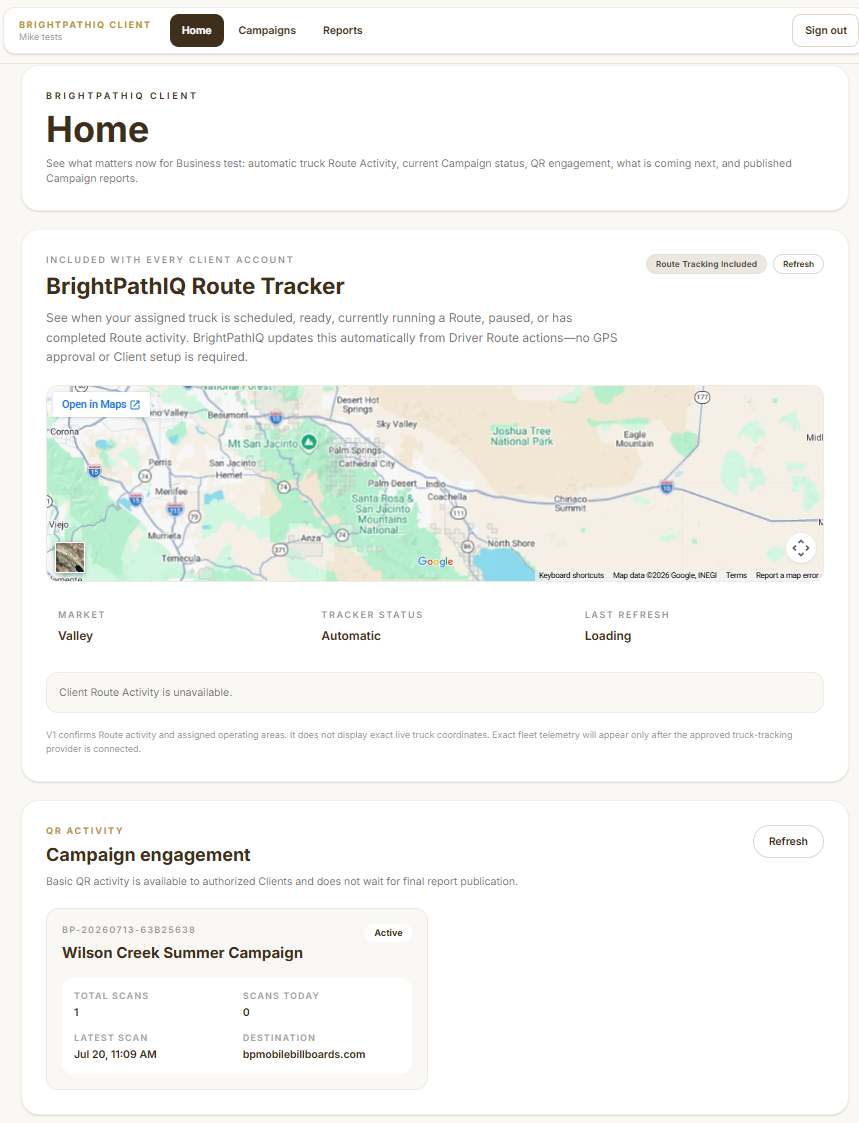 BrightPathIQ demonstration view showing Route Tracker information and QR campaign engagement